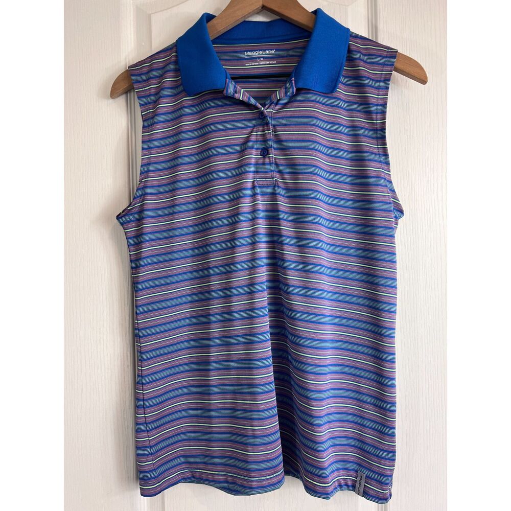 Maggie Lane Blue Pink Yellow Stripe Sleeveless Polo Shirt Golf Tennis Women's L